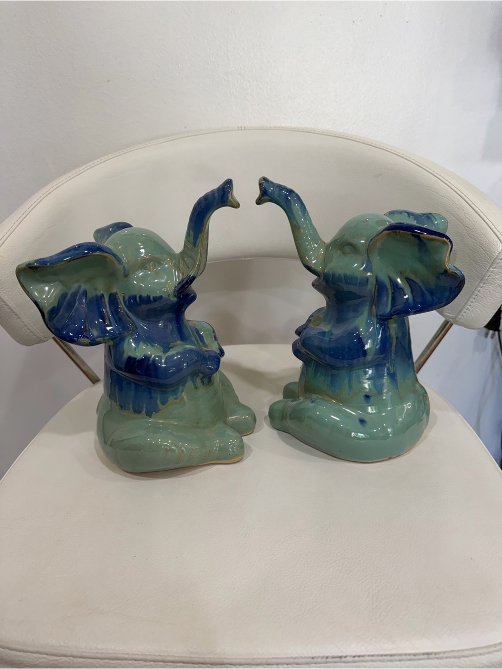 Glazed Ceramic Elephant Figurine Pair in Teal and Blue